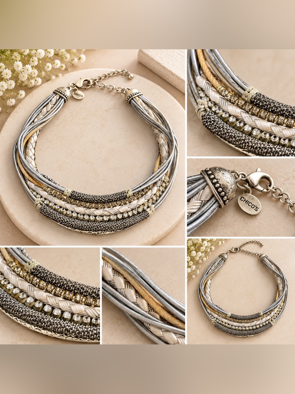 Chico's Silver, Gold & Ivory Multi-Texture Necklace